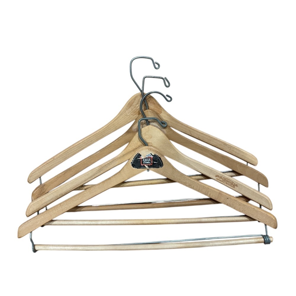 4 PC VINTAGE NATURAL WOODEN SUIT HANGERS W METAL HOOK & LOCKING TROUSER BAR